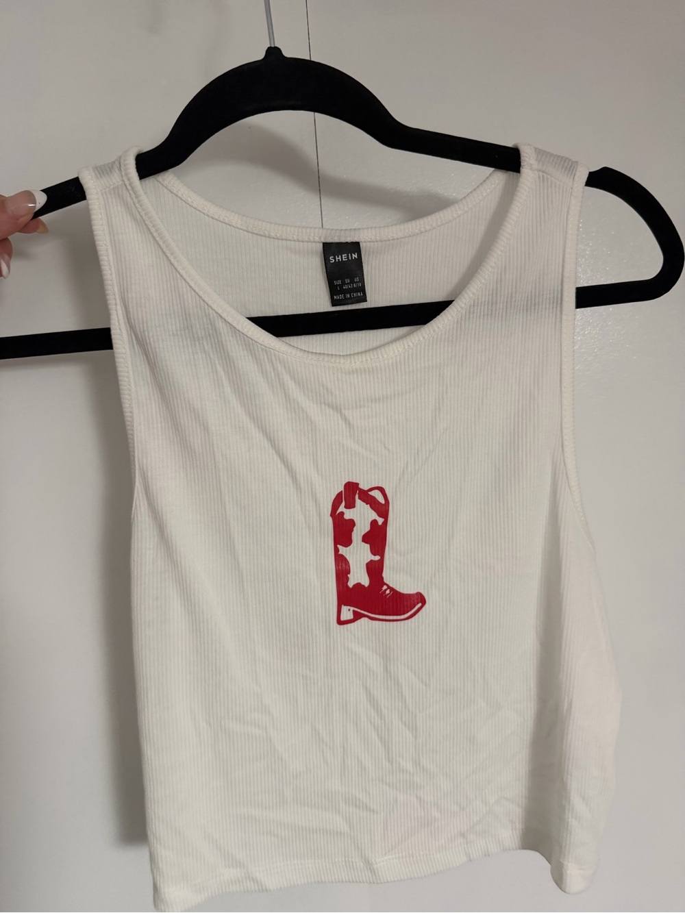 SHEIN White Ribbed Tank with Red Cowgirl Boot Motif
